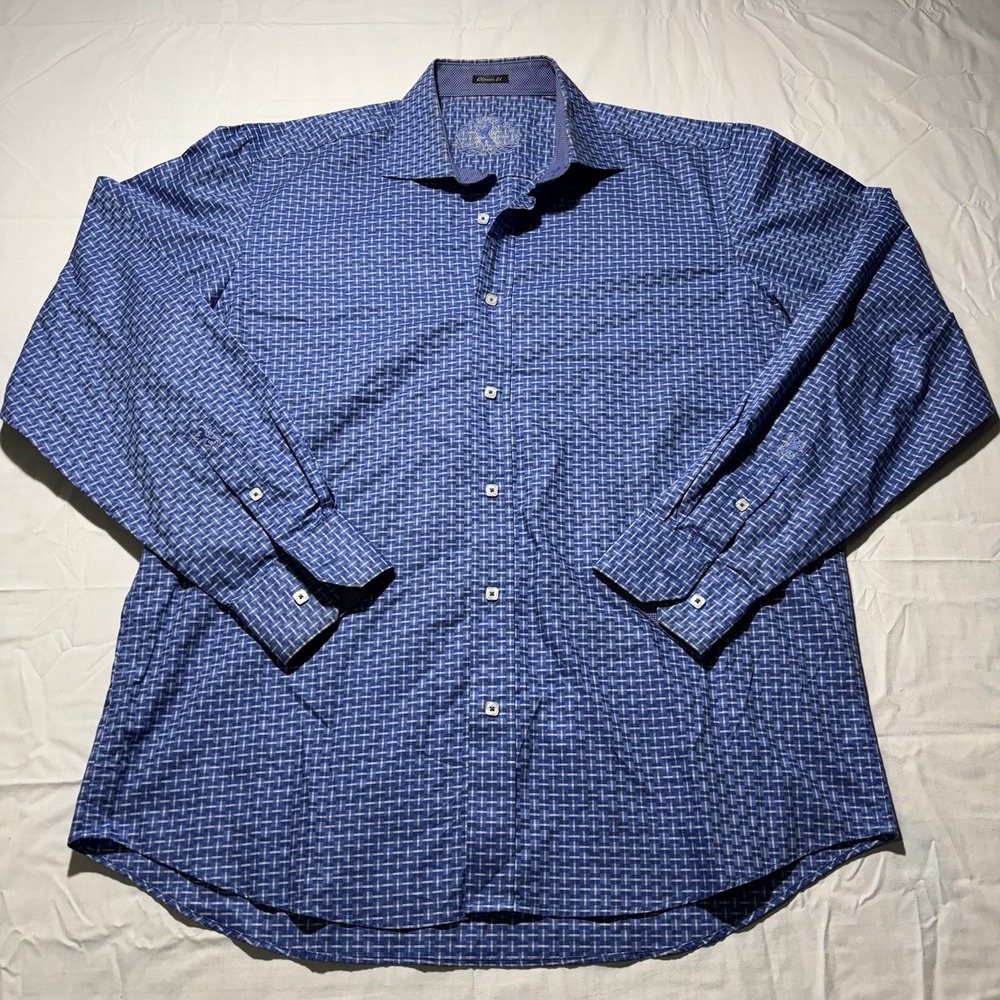 Bugatchi Classic Fit XL Blue Geometric Check Button Up Shirt 100% Cotton Men's